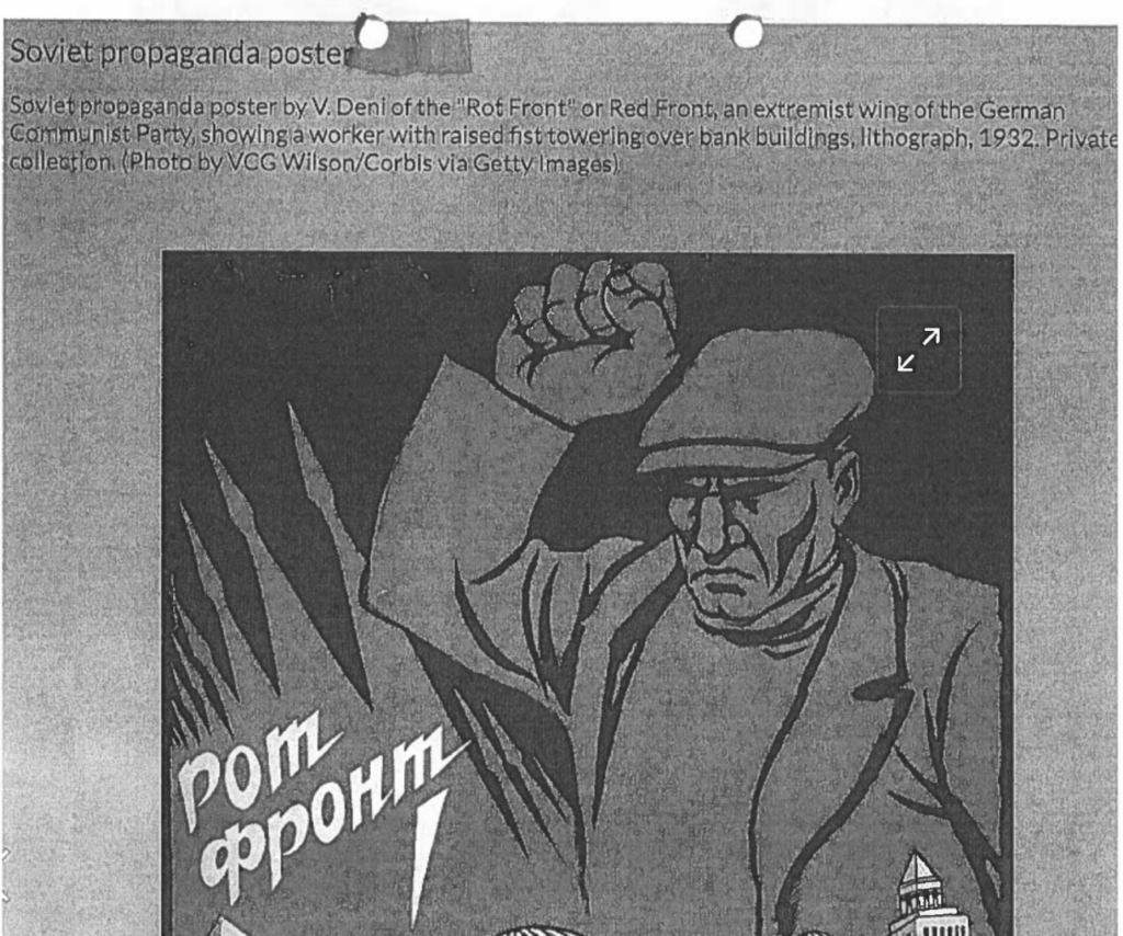 A photocopy of a supposed Soviet Propaganda poster from the 20th century showing a man with an upraised fist.