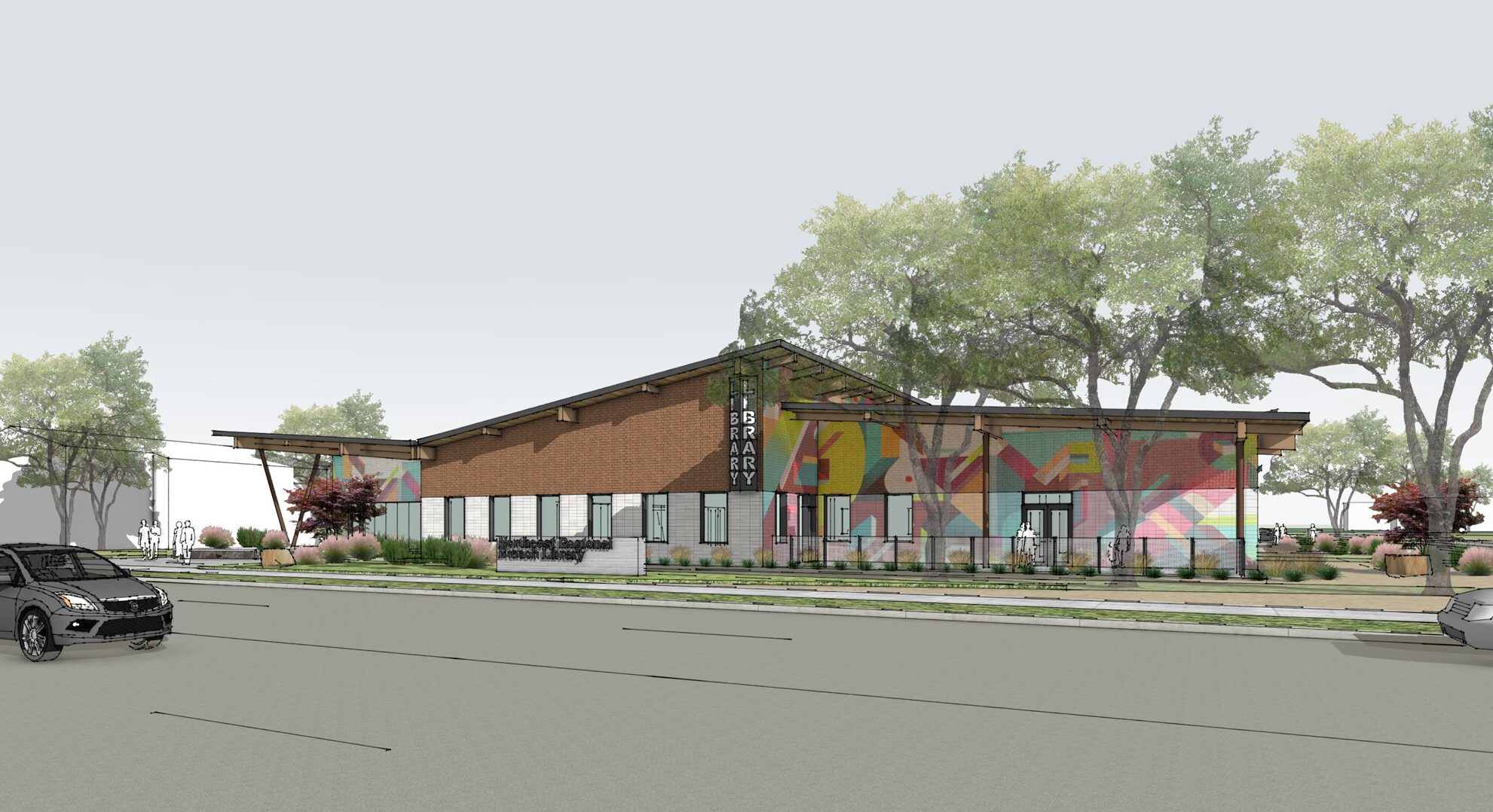 Architectural rendering of a library with long sloping roof and colorful exterior.